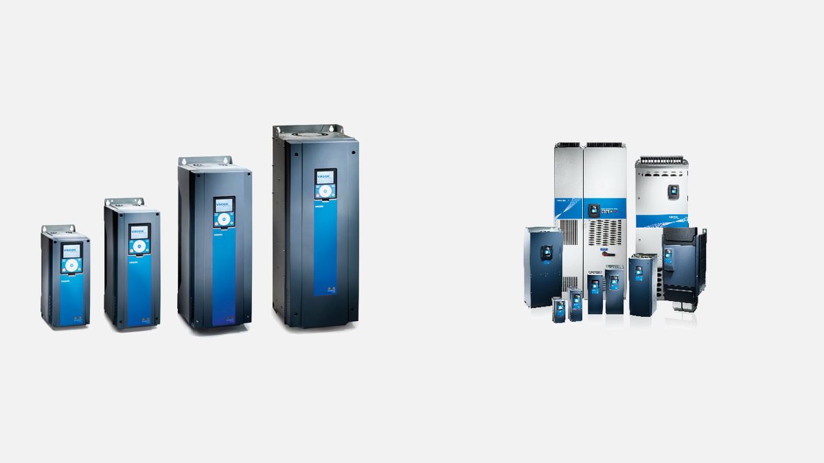 VACON 100 drives in four frame sizes next to the VACON NXP range